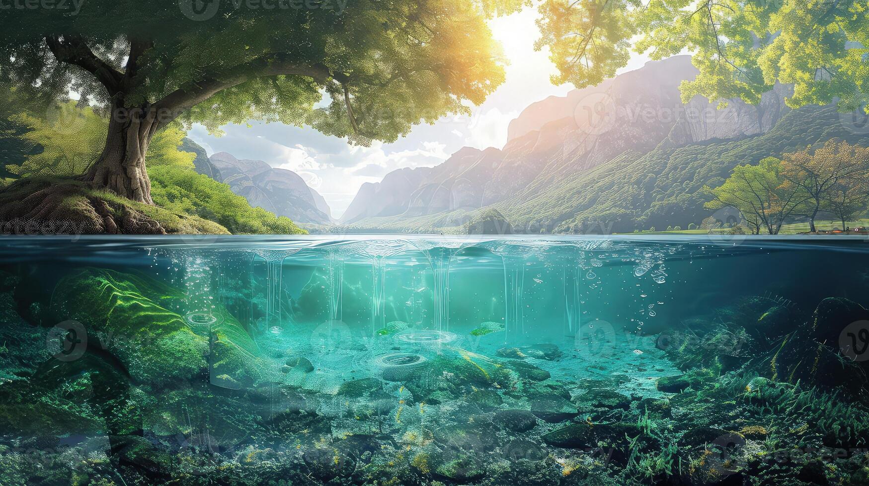 Tranquil lake scene with grass and blue expanse. photo