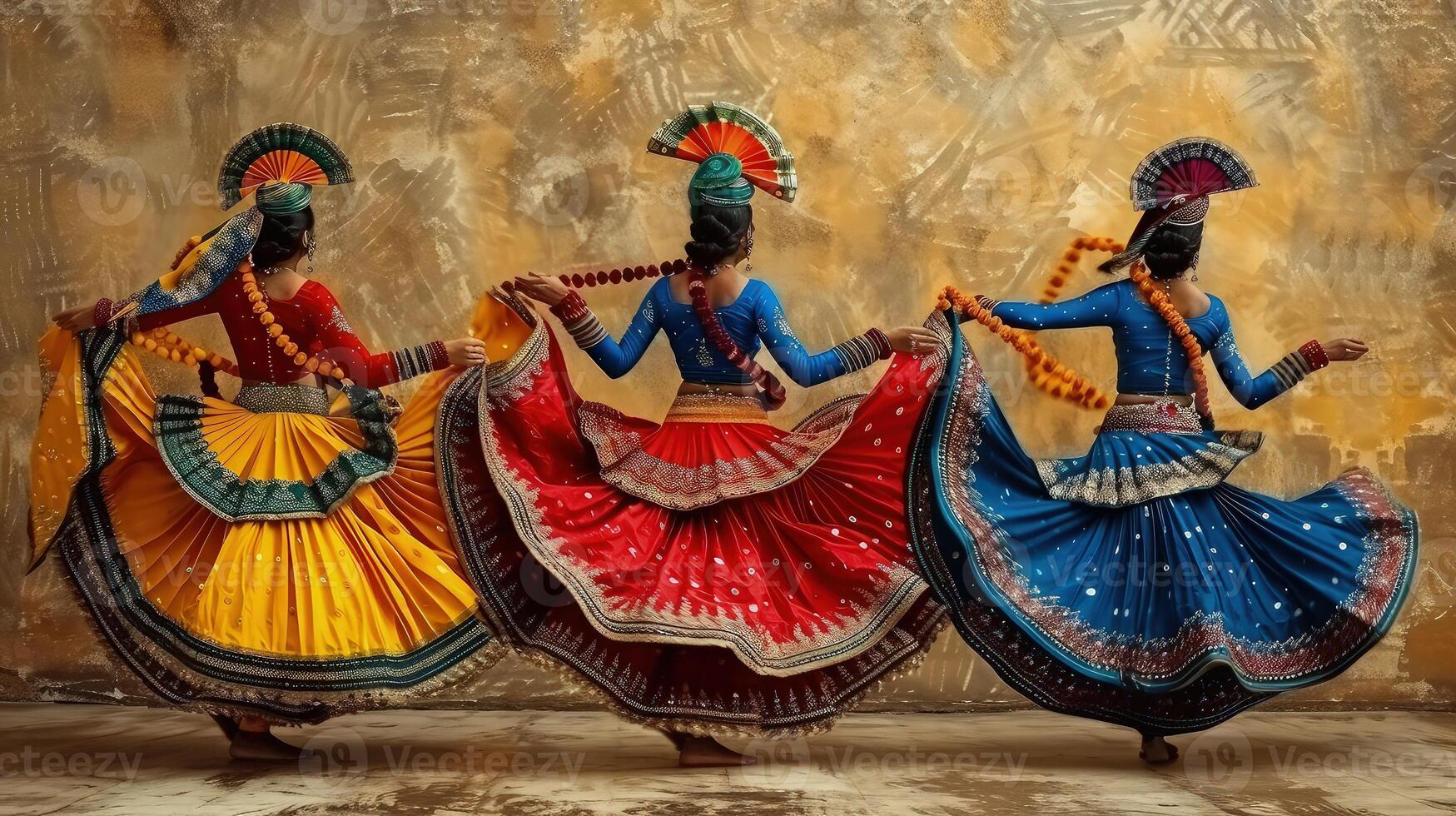 Three indian women in colorful dresses dancing photo