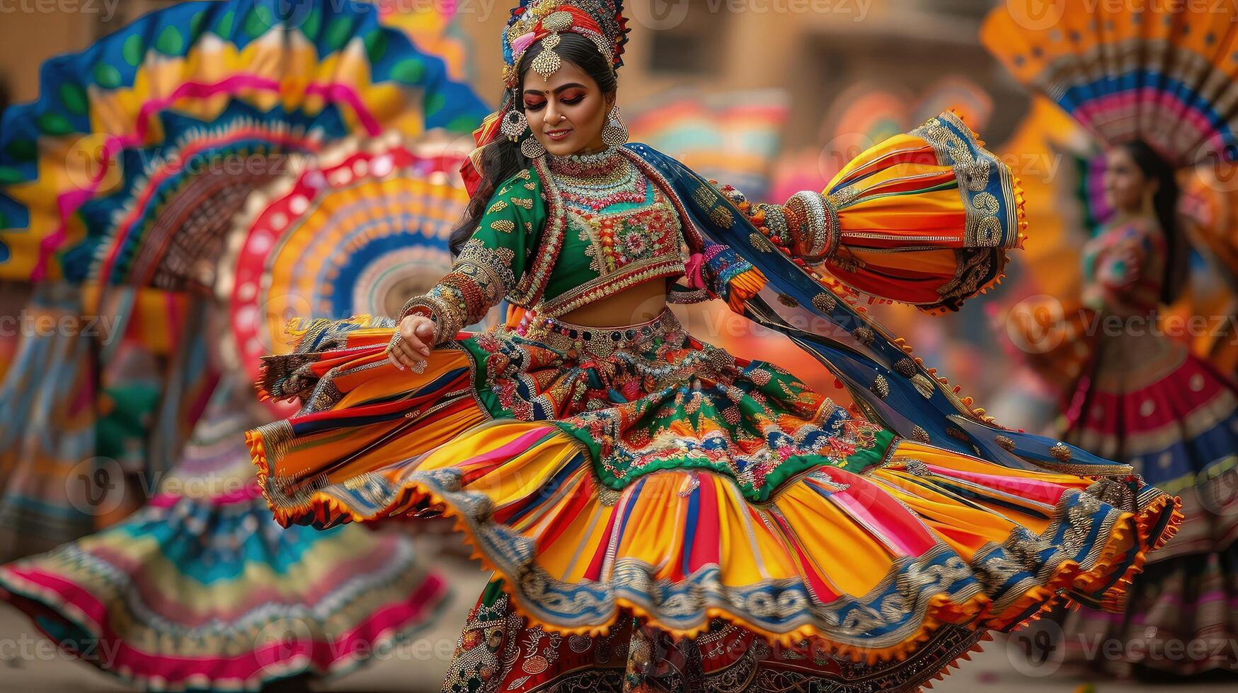 A woman in colorful dress dancing with fans photo