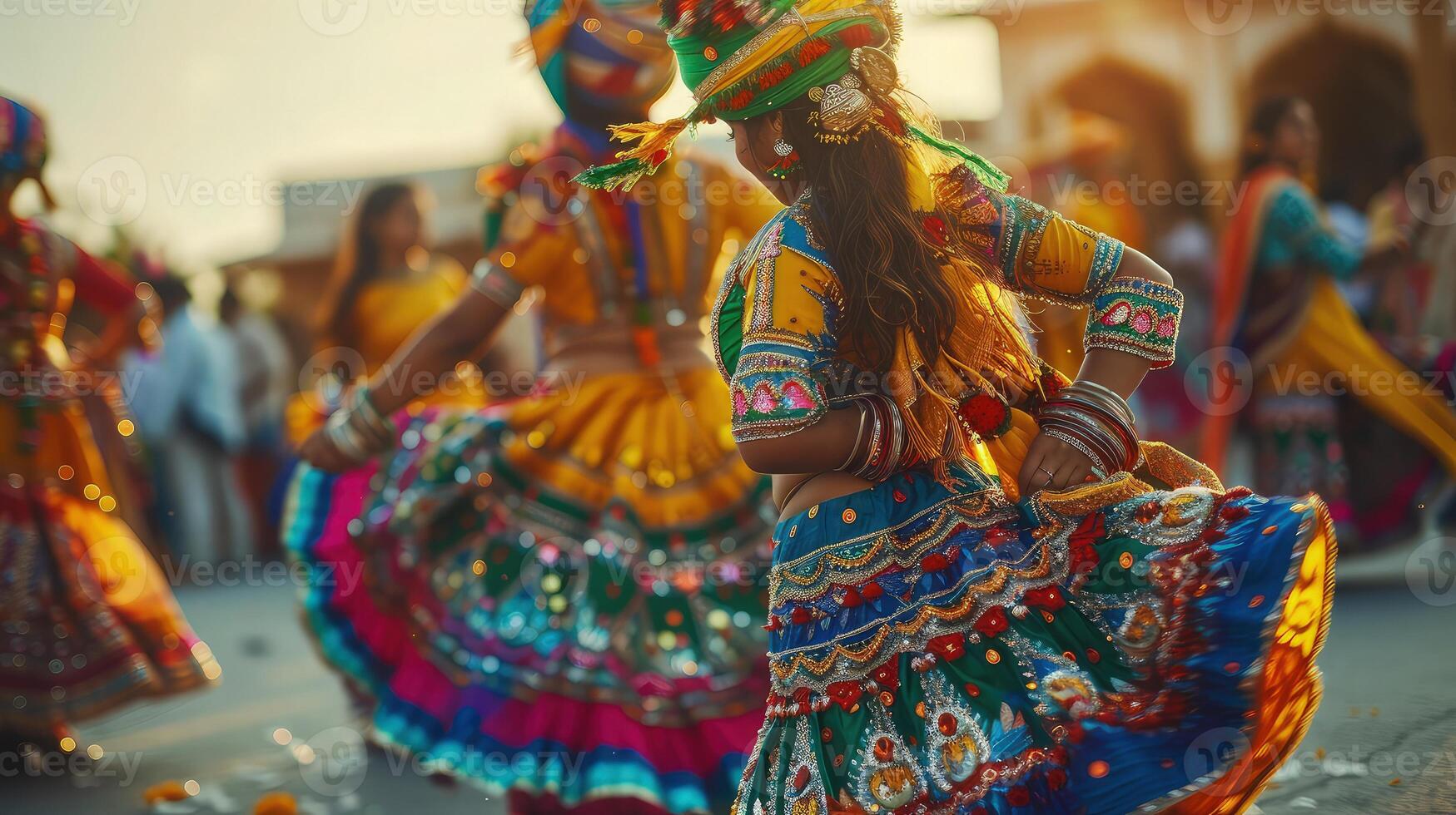 Women in colorful costumes dancing in the street photo