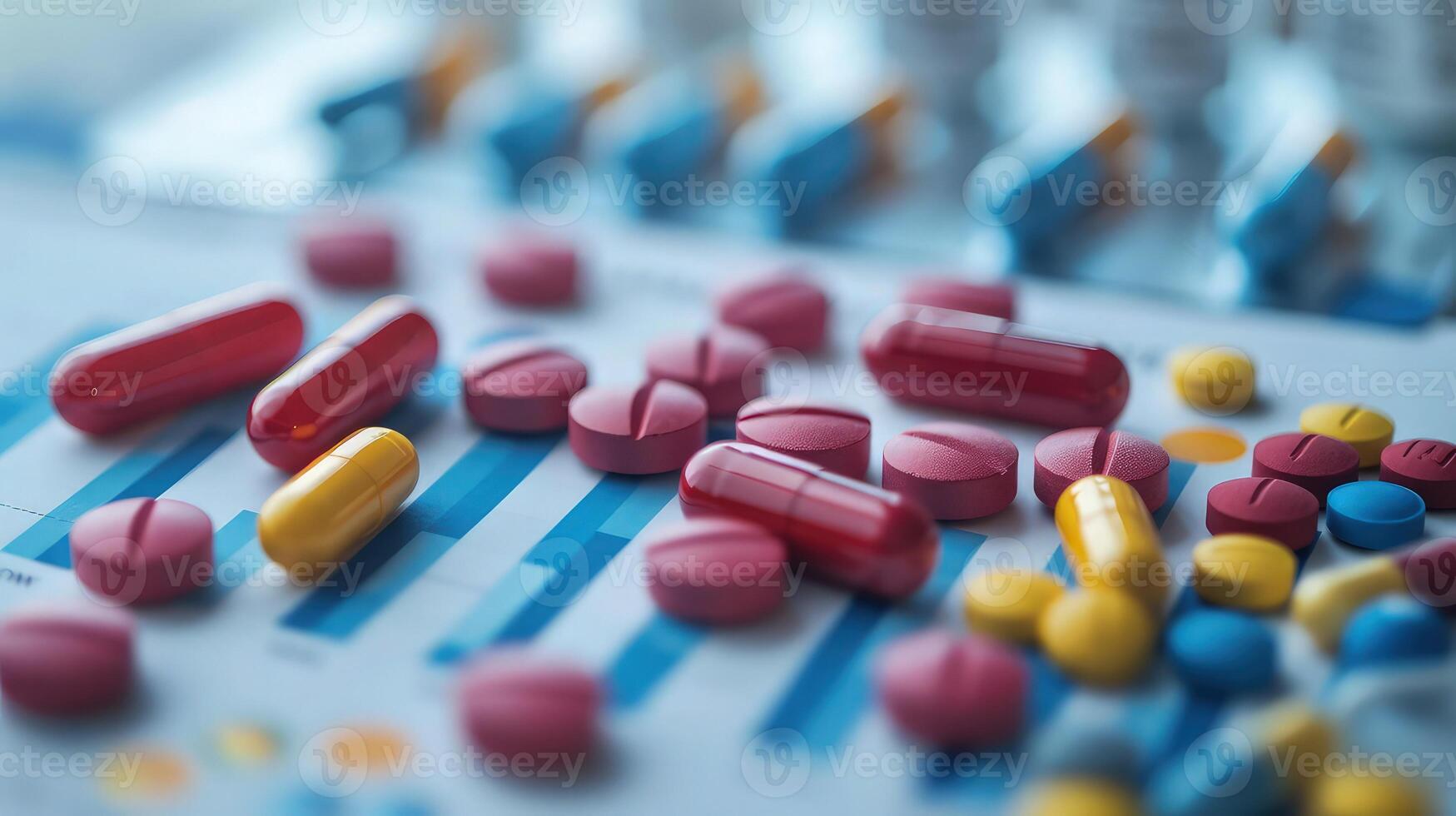 Pills and tablets on a table with graphs photo