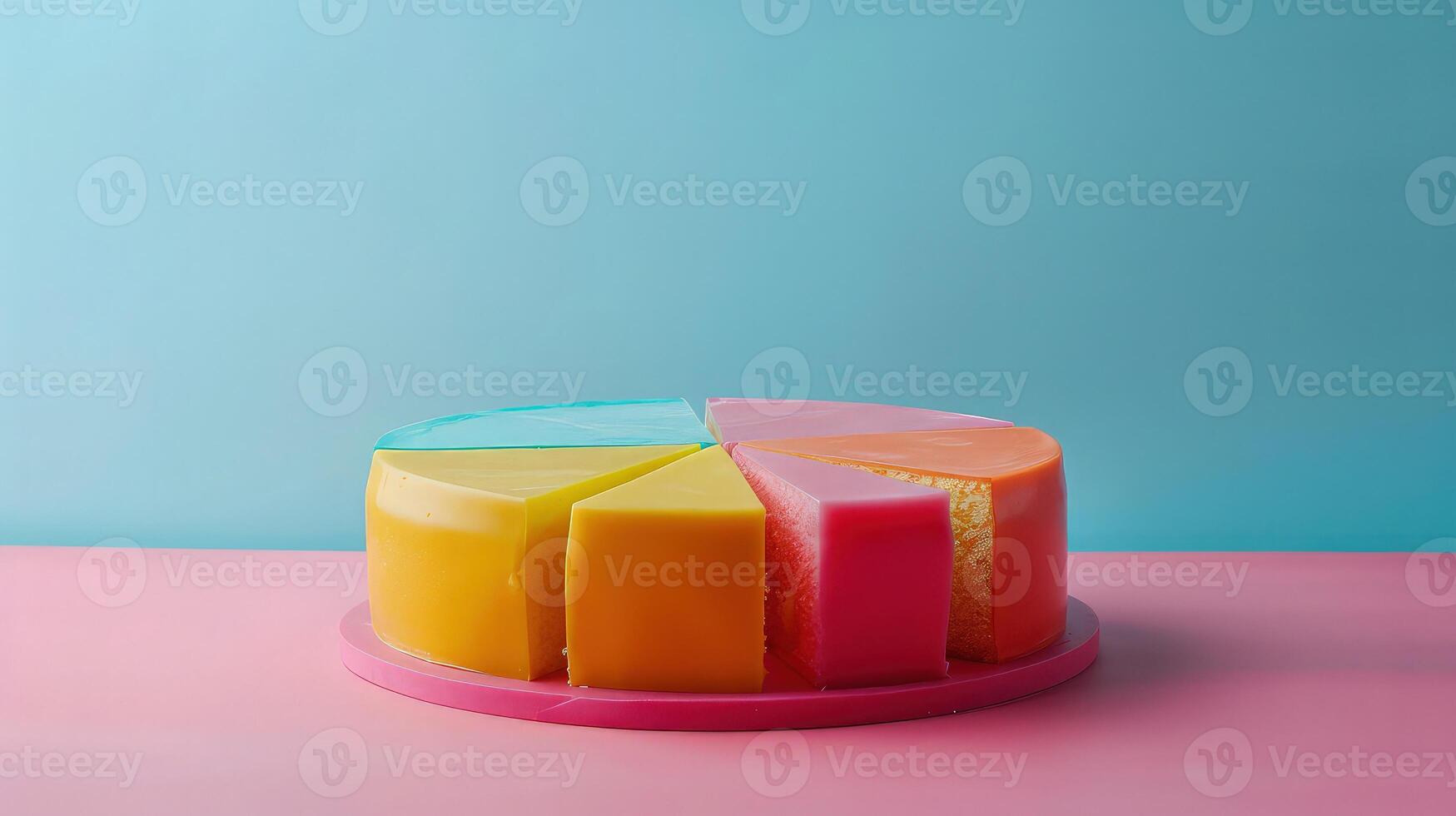 A cake with a slice missing on a pink and blue background photo