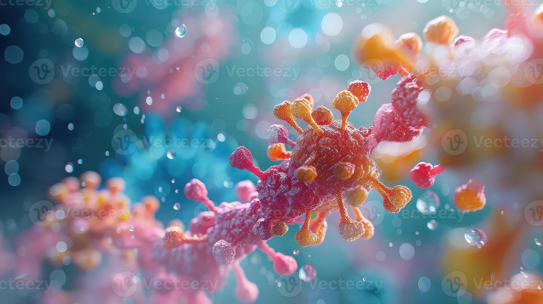 A close up of a colorful virus photo