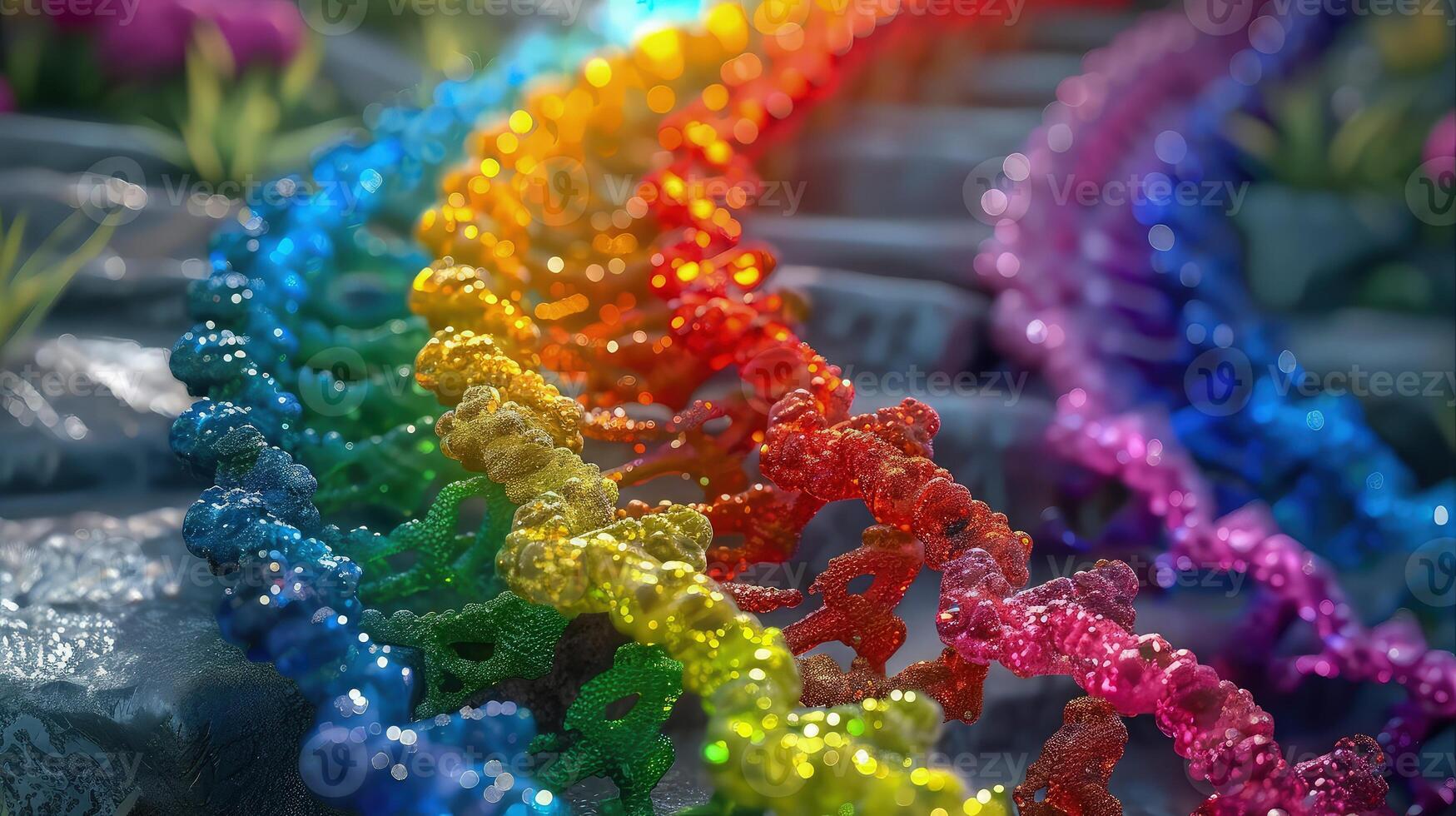 A rainbow of colored beads on a rock photo