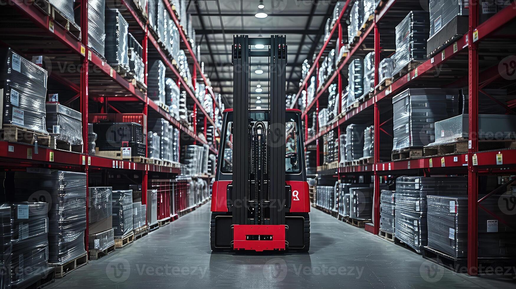 A forklift in a warehouse with shelves and boxes photo