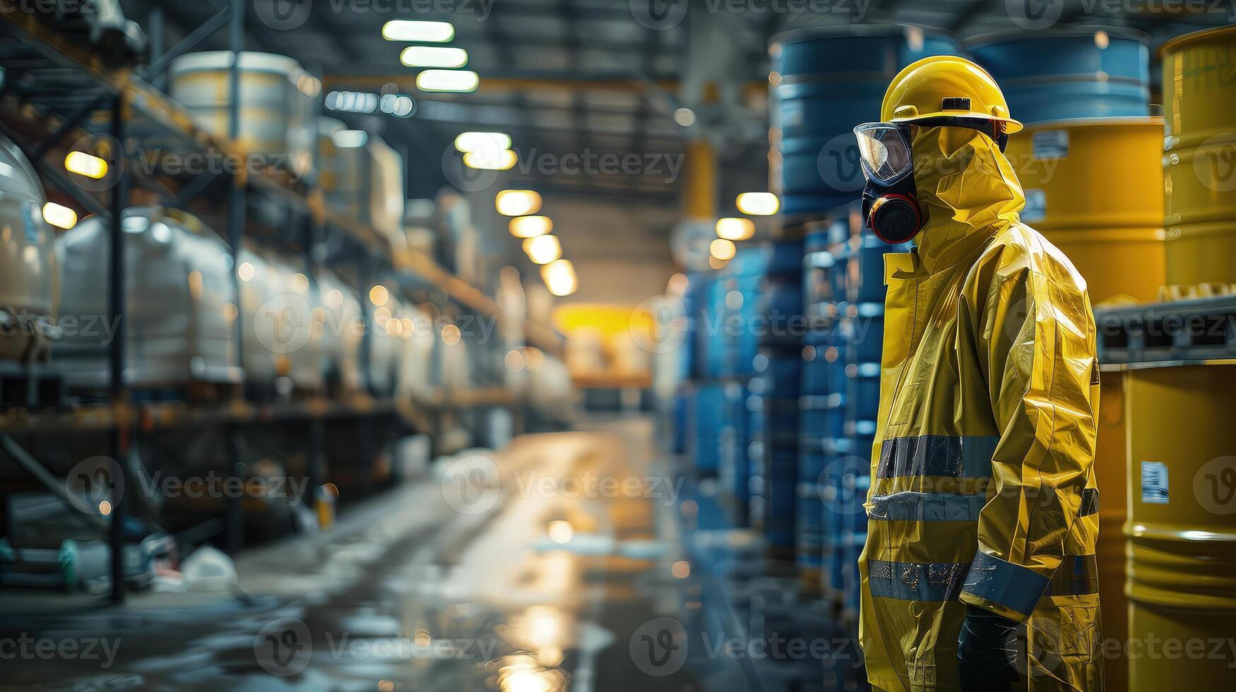 A man in a yellow rain suit standing in a warehouse photo