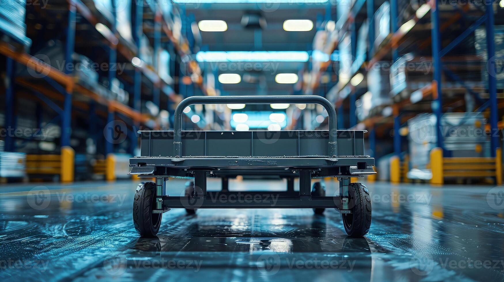 A cart is sitting in a warehouse with shelves photo