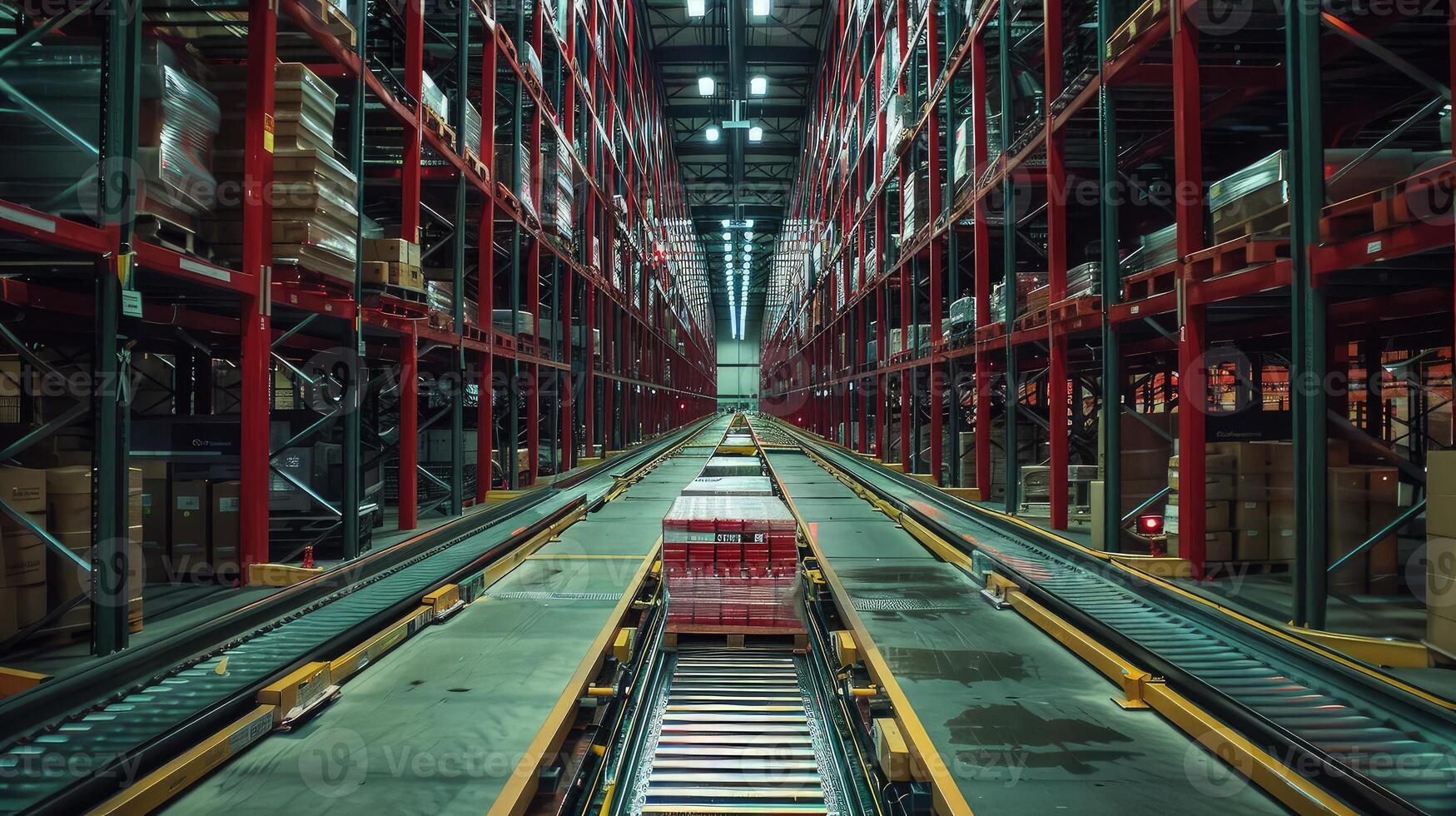 A warehouse with a conveyor belt and a forklift photo