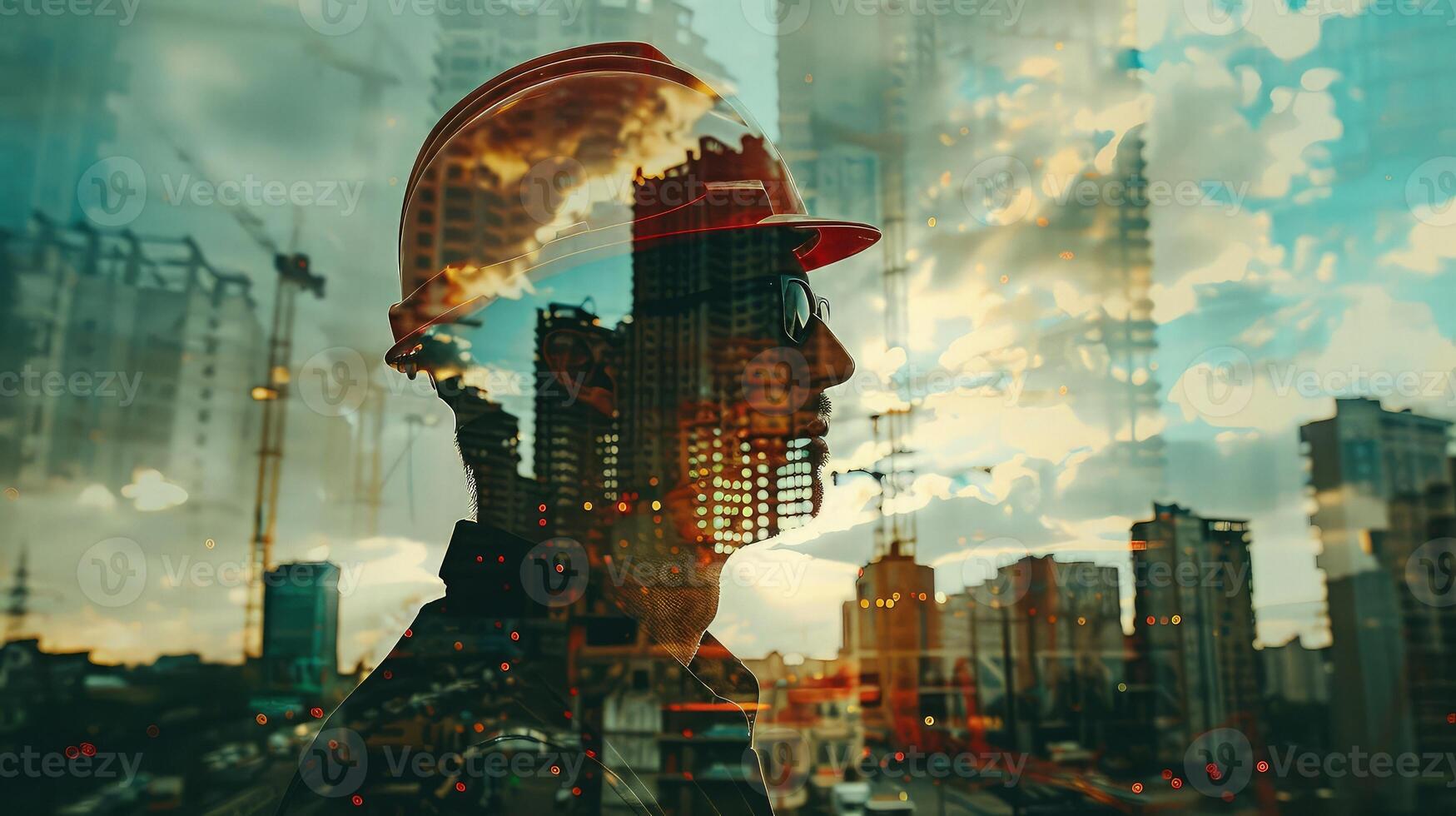 Double exposure of construction worker with a hard hat and a city skyline photo