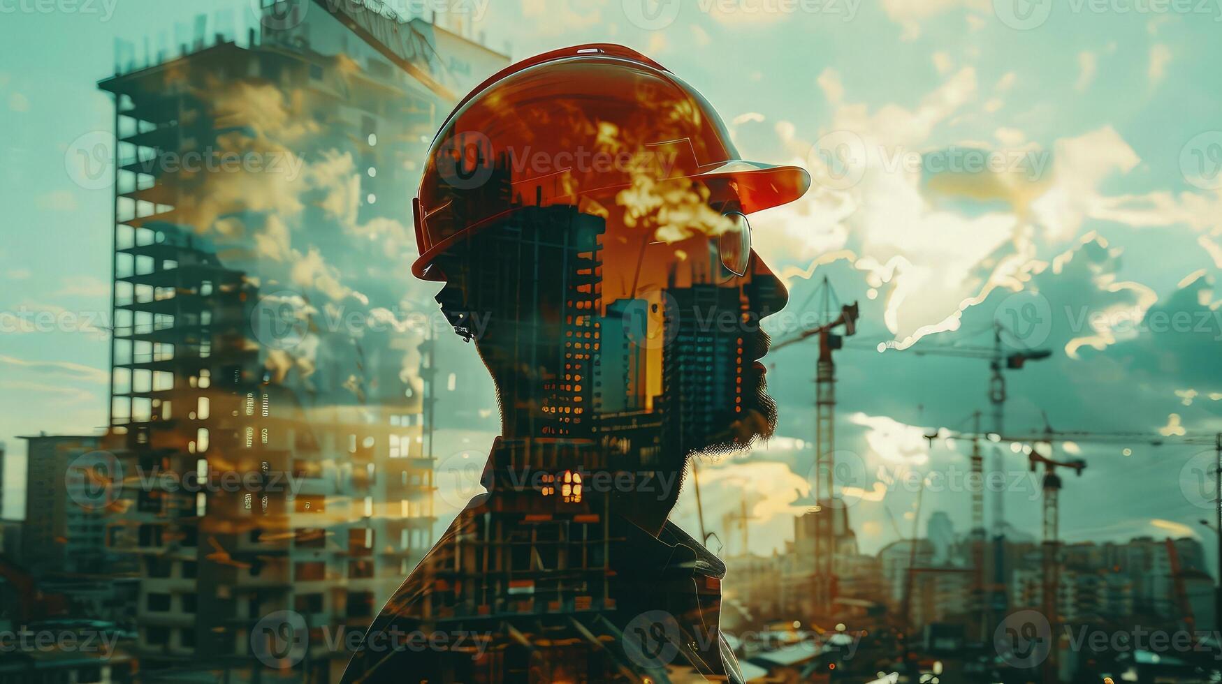 A construction worker with a hard hat and a construction site photo