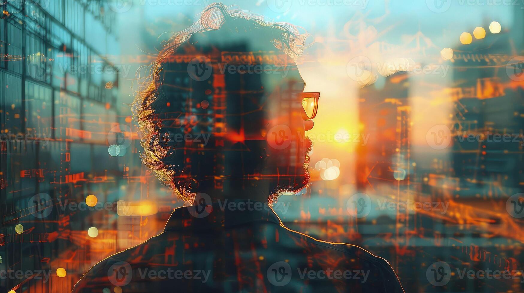 A man in glasses and a tie is looking at the city at sunset photo