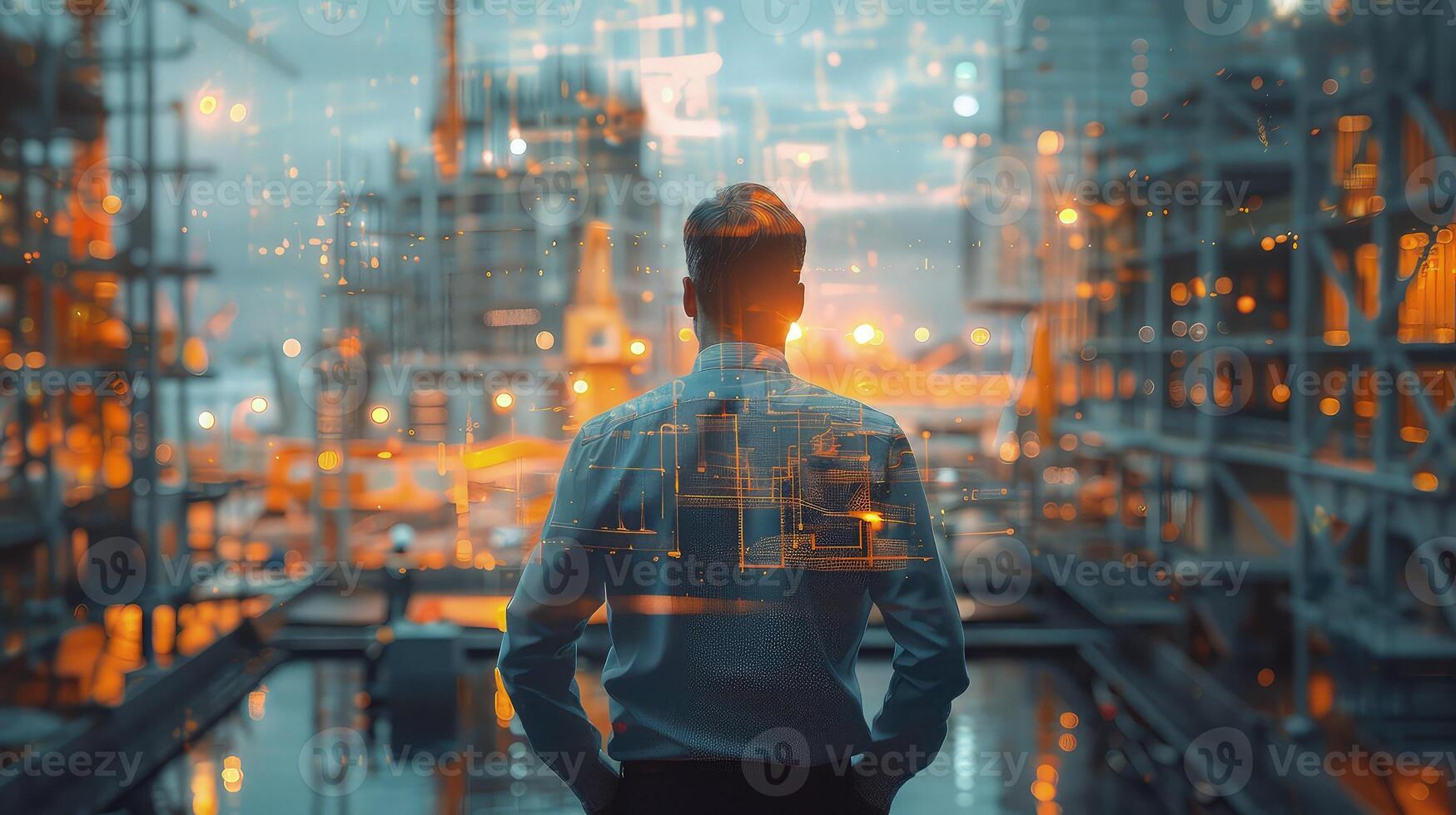 A man standing in front of a cityscape with a cityscape background photo