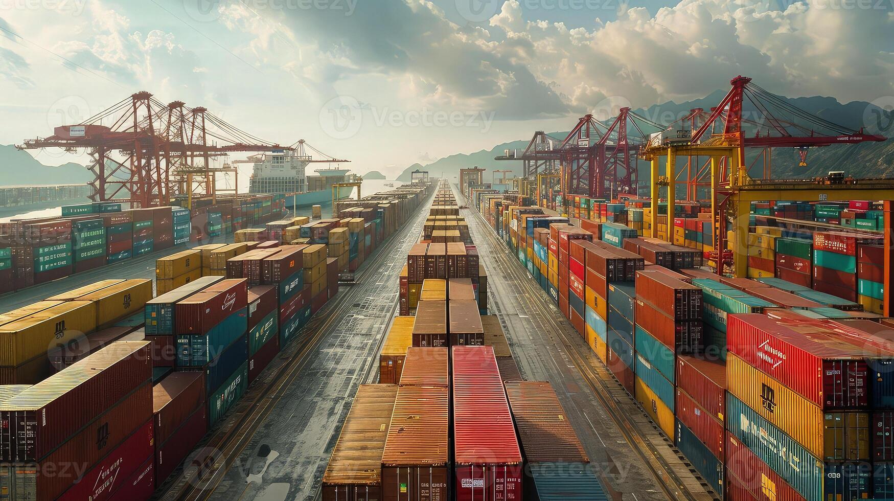 A large container yard with many containers stacked on top photo