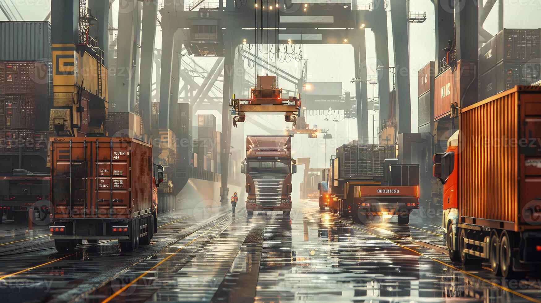 A view of a cargo container loading dock with trucks photo