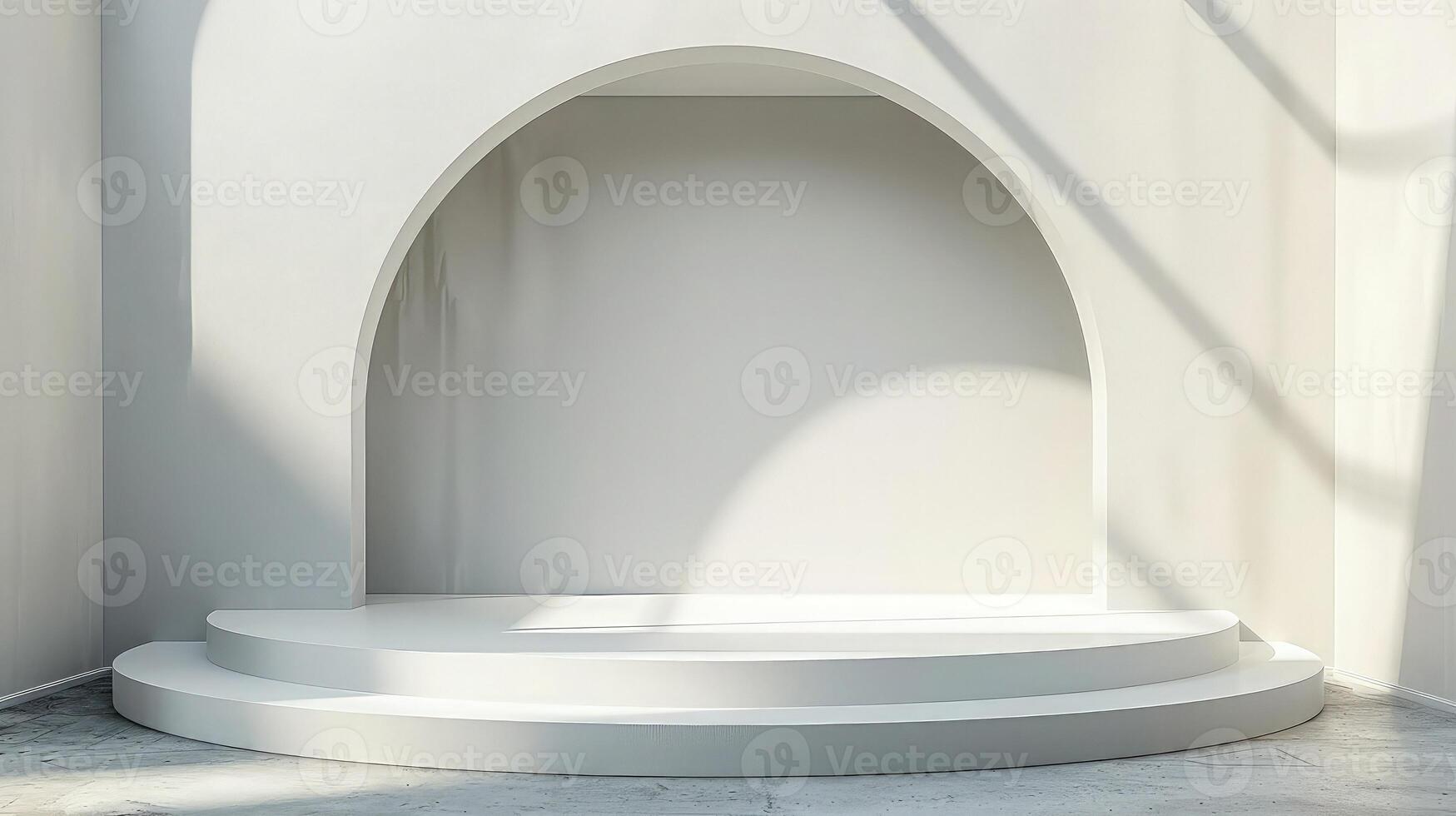 Empty white room with arched window and white floor photo