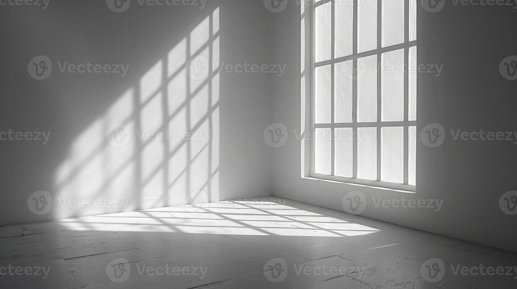A white room with a window and a light shining through it photo