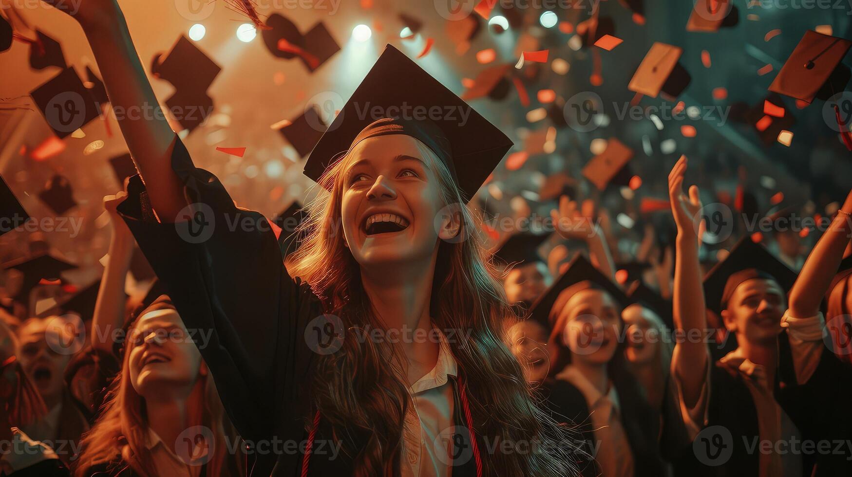 A group of graduates throwing their caps into the air photo