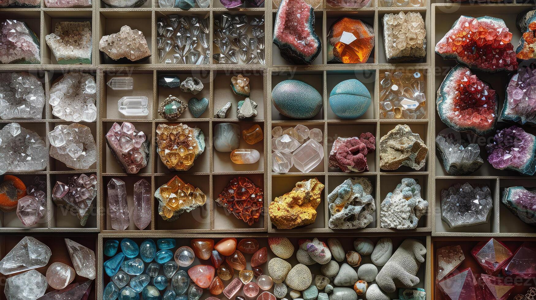 A large assortment of crystals and stones in a box photo