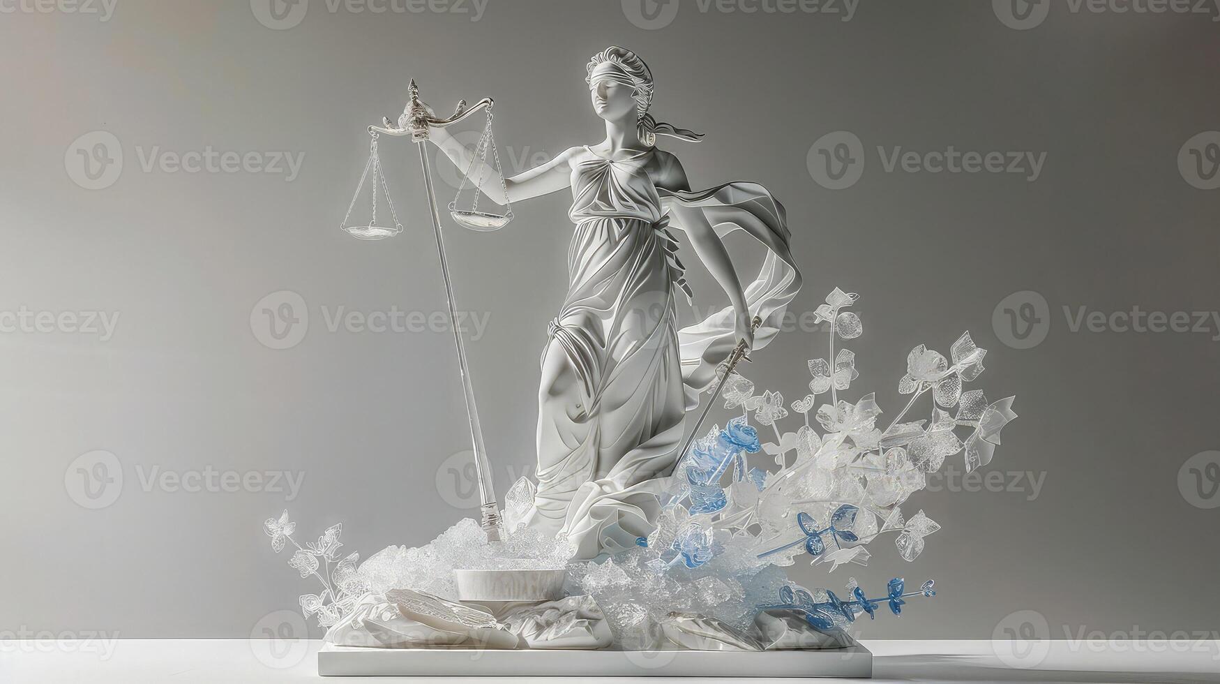 A statue of lady justice with a scale and a butterfly photo
