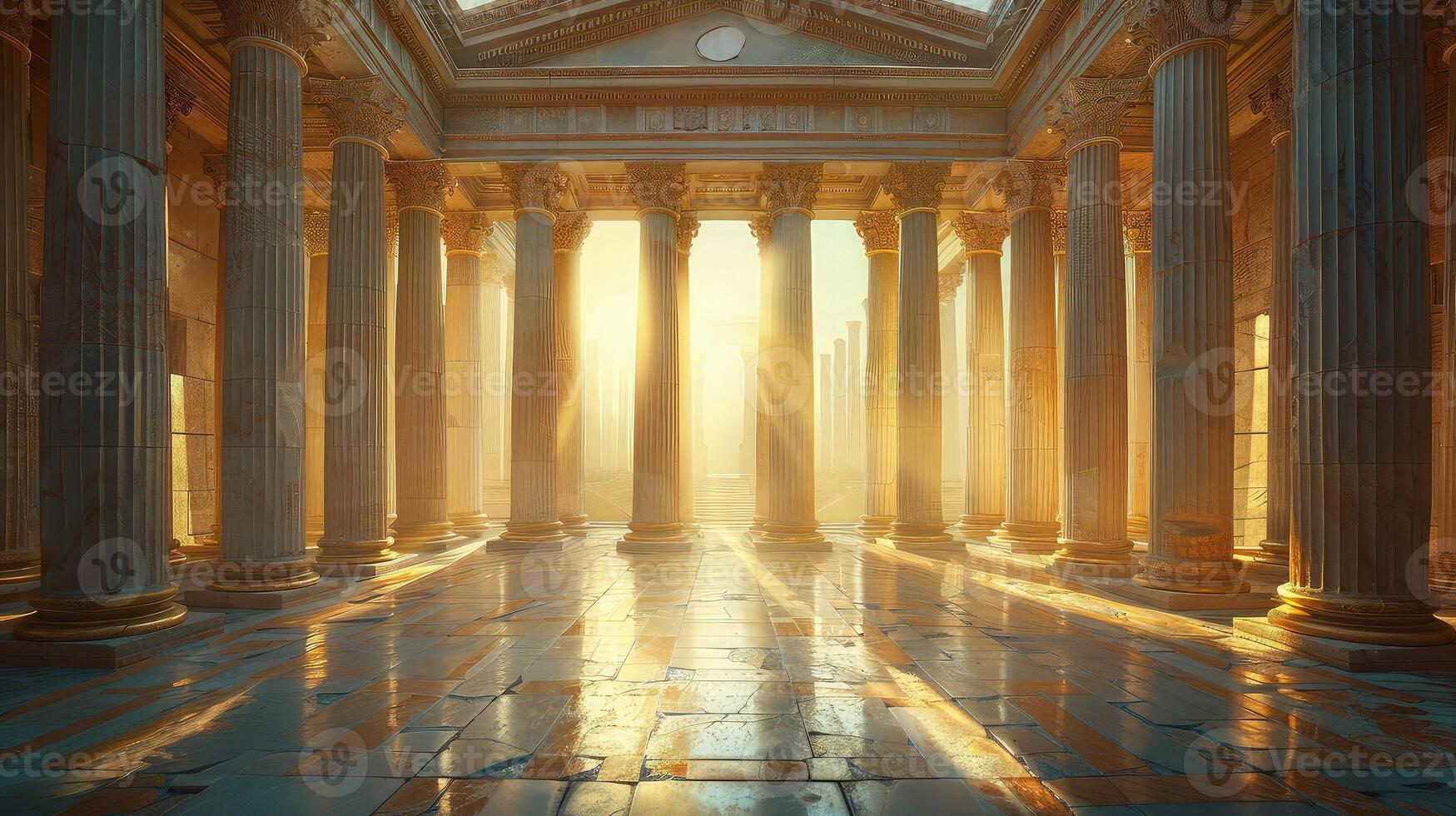 A room with columns and sunlight shining through them photo