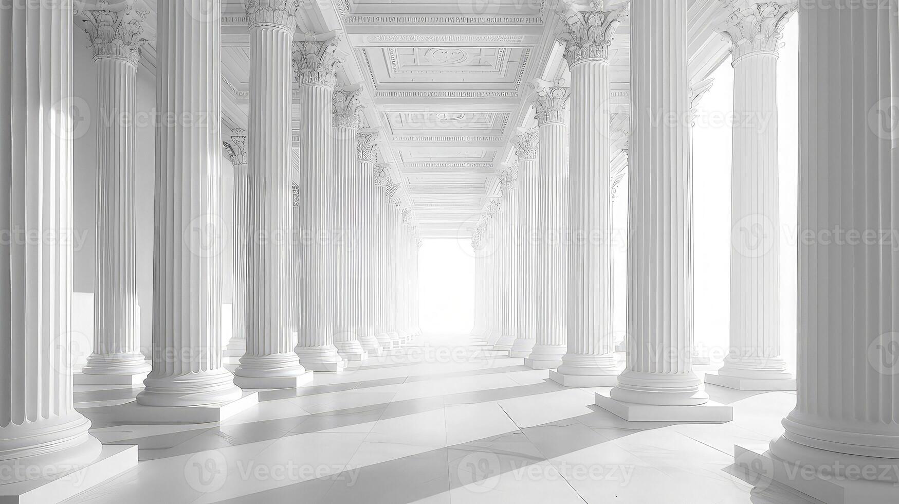 White columns in a room with sunlight coming through photo