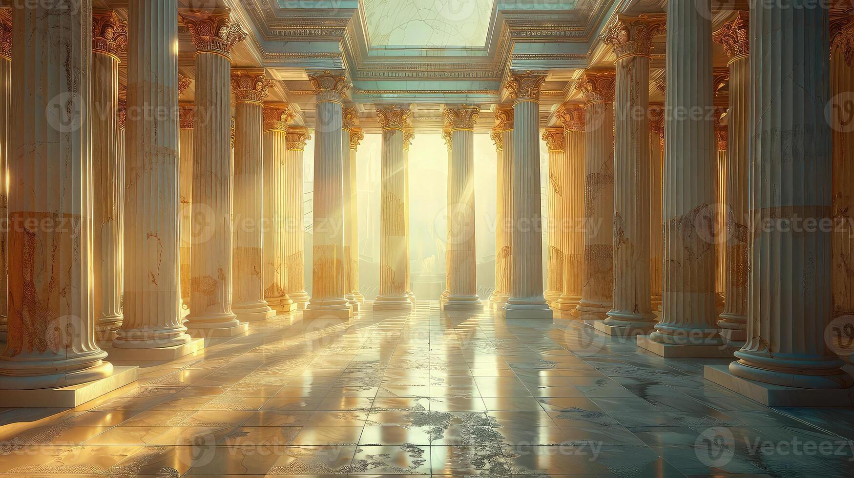 A long hallway with columns and sunlight photo