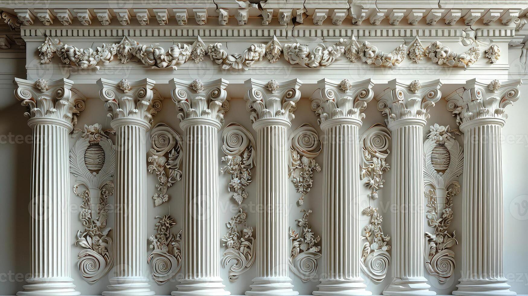 The columns are made of white marble and have carvings photo