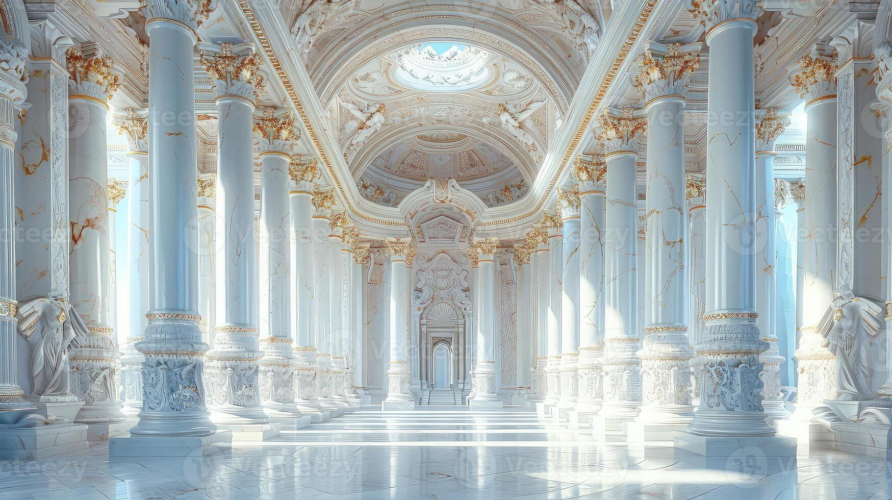 A long hallway with white pillars and gold trim photo