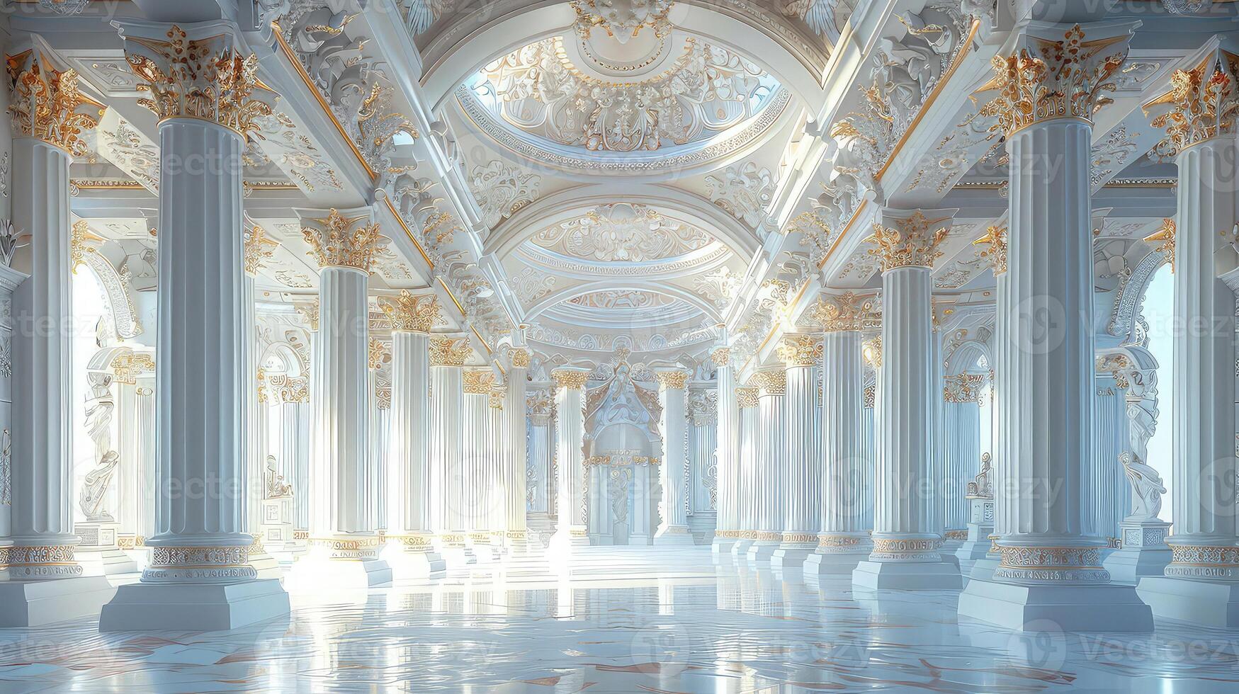 A long hallway with columns and gold decorations photo