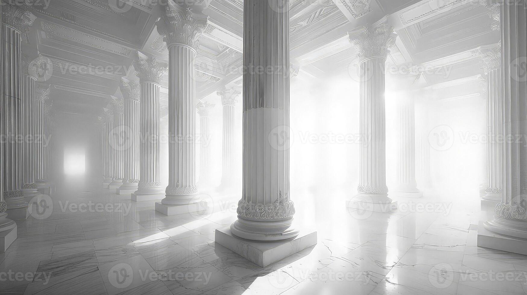 A white room with columns and light coming from the ceiling photo
