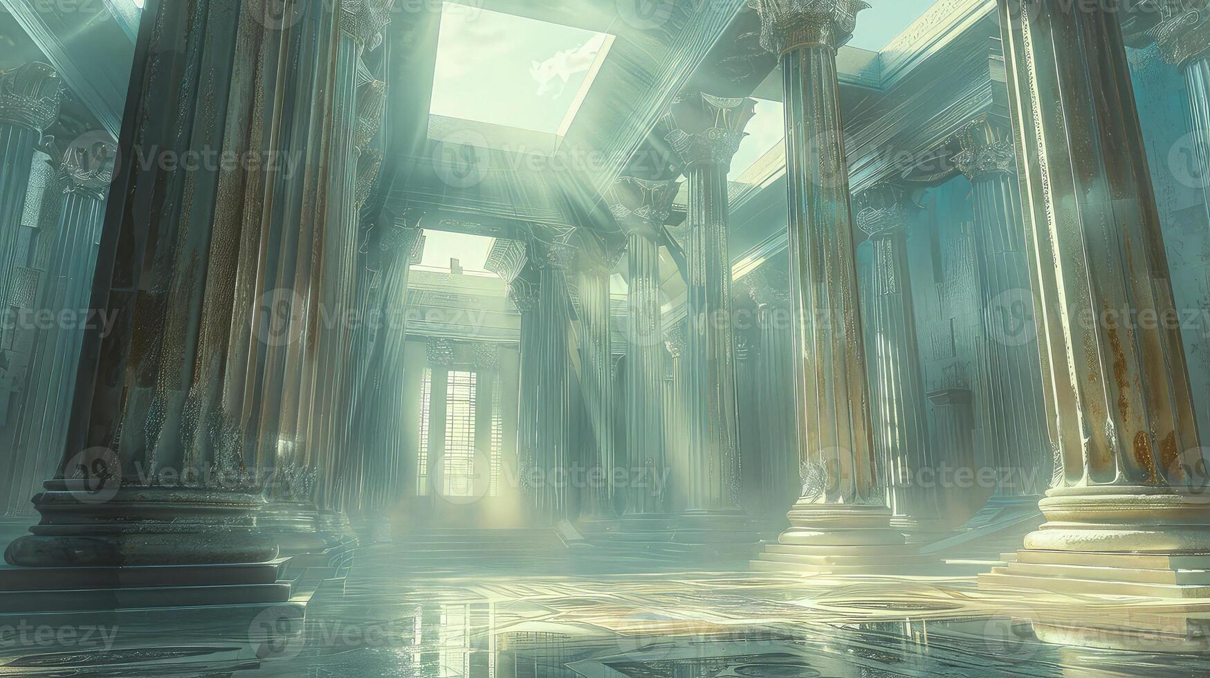 A room with columns and sunlight coming through the ceiling photo