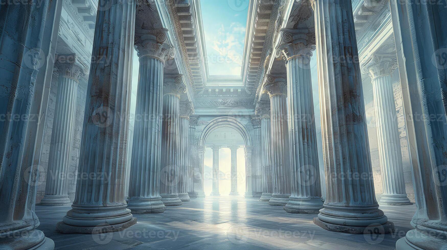 A long hallway with columns and pillars photo