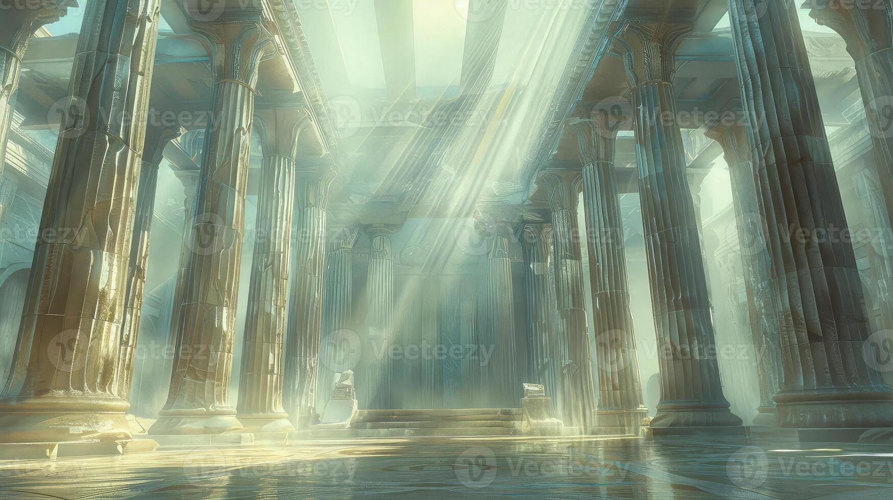 A large room with columns and sunlight shining through photo
