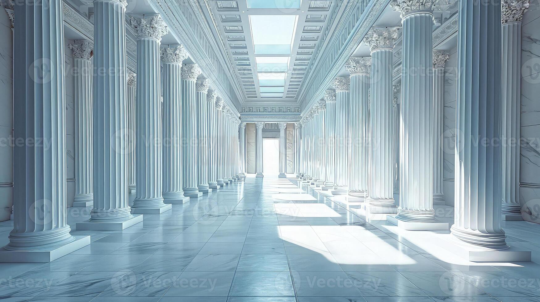 A long hallway with columns and a skylight photo