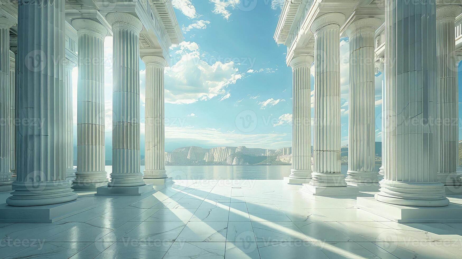 A view of columns in a room with a blue sky photo