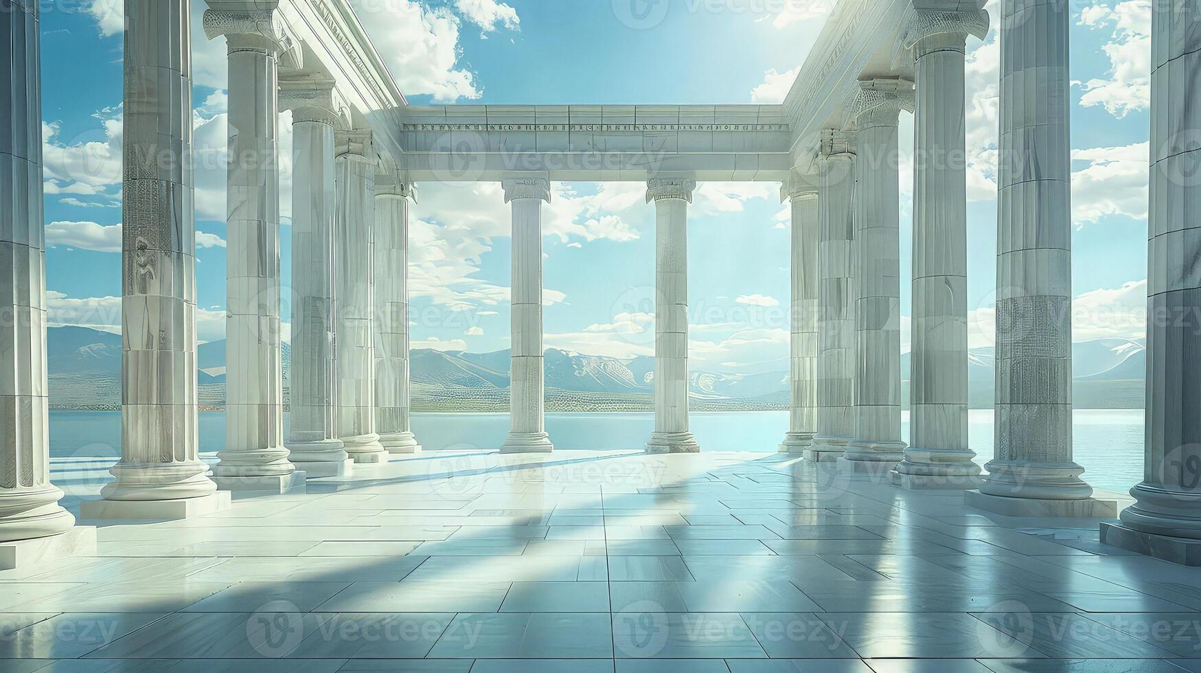 A large room with columns and water photo