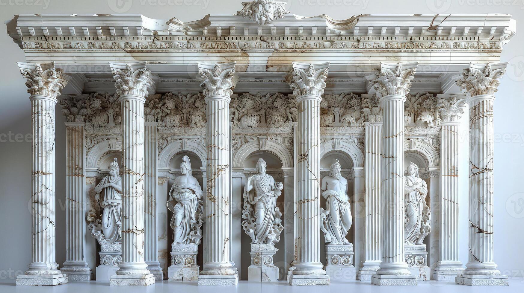 A marble statue of a man and woman standing in front of a white building photo
