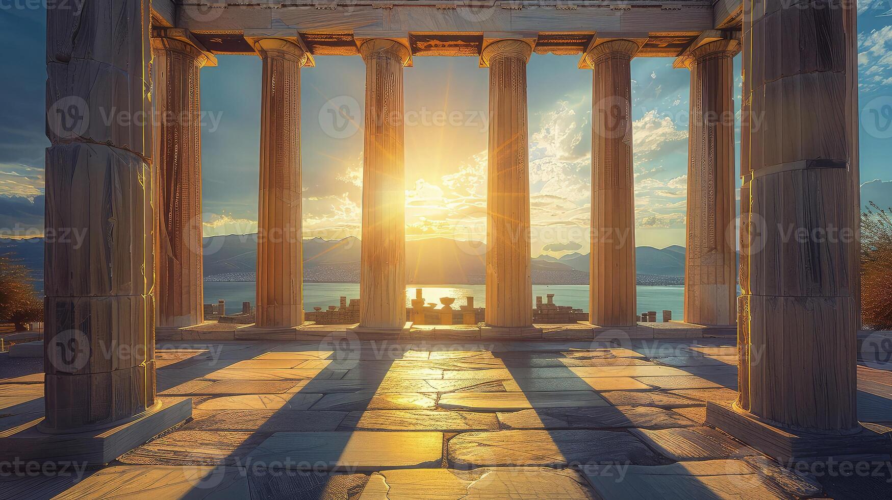 The sun is setting behind the columns of an ancient greek temple photo