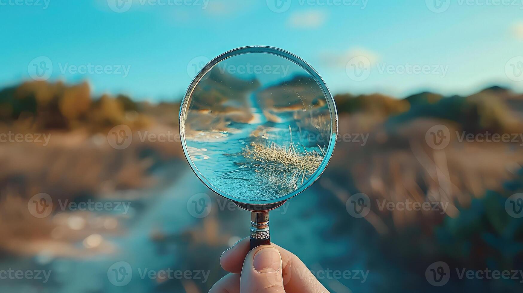 A person holding a magnifying glass over a field photo