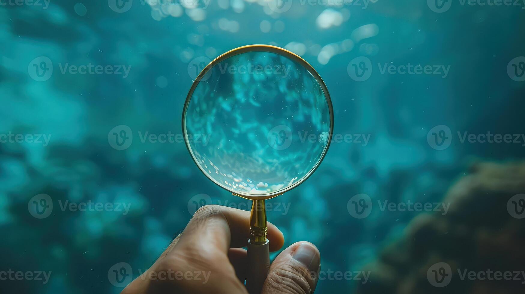 A person holding a magnifying glass over a blue ocean photo