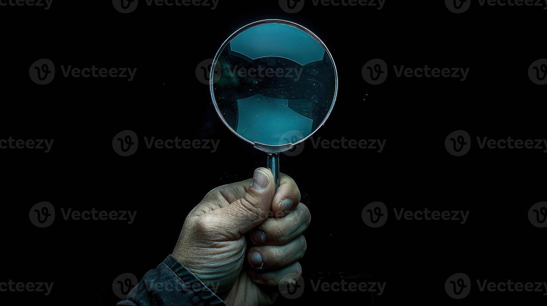 A person holding a magnifying glass over a black background photo