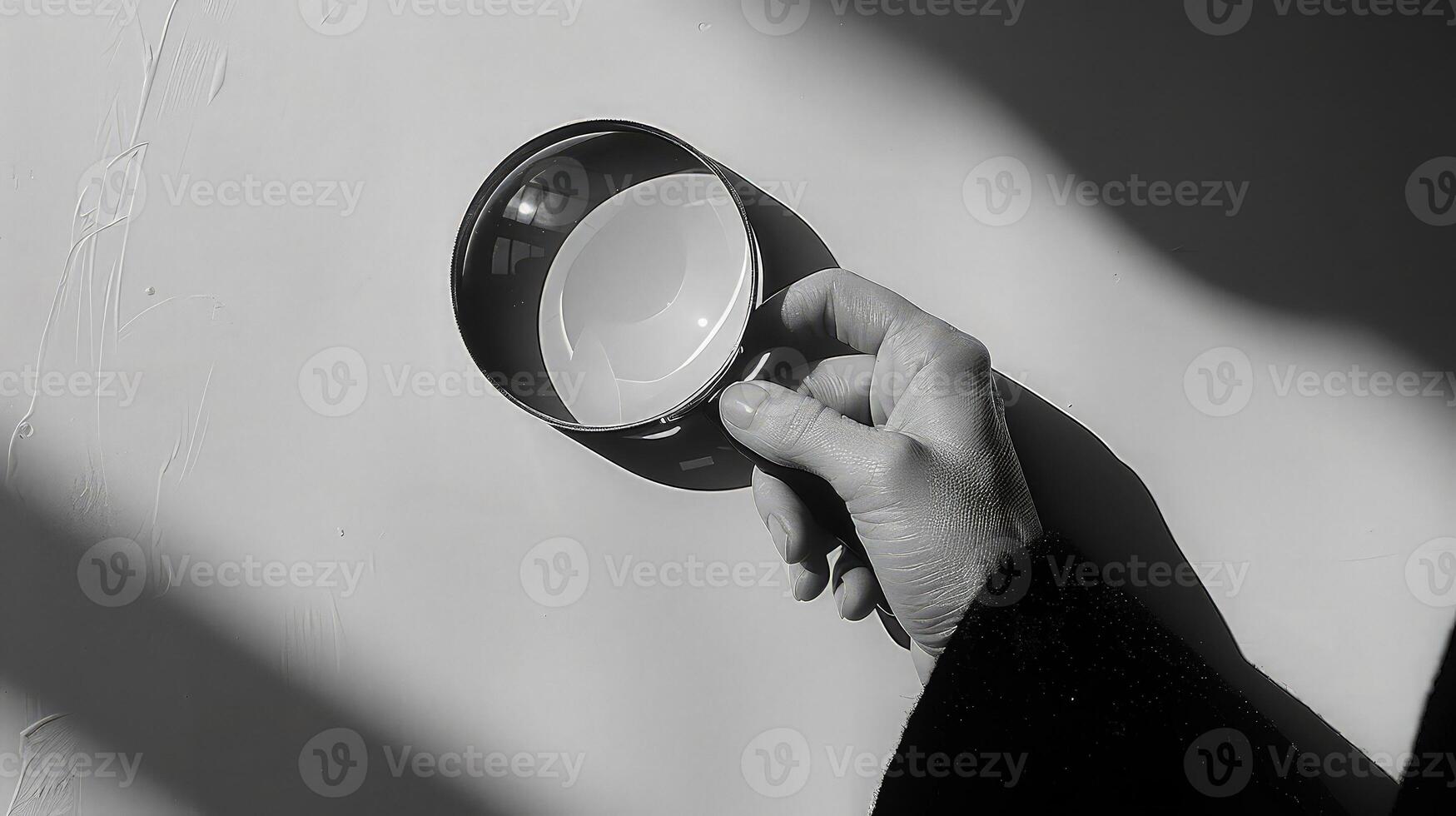 A person holding a magnifying glass over a white wall photo