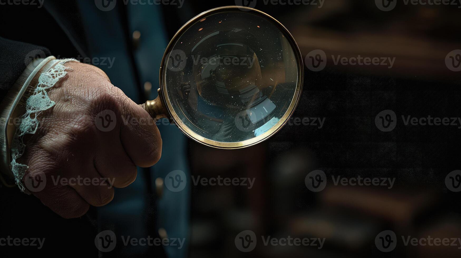 A man in a suit holding a magnifying glass photo