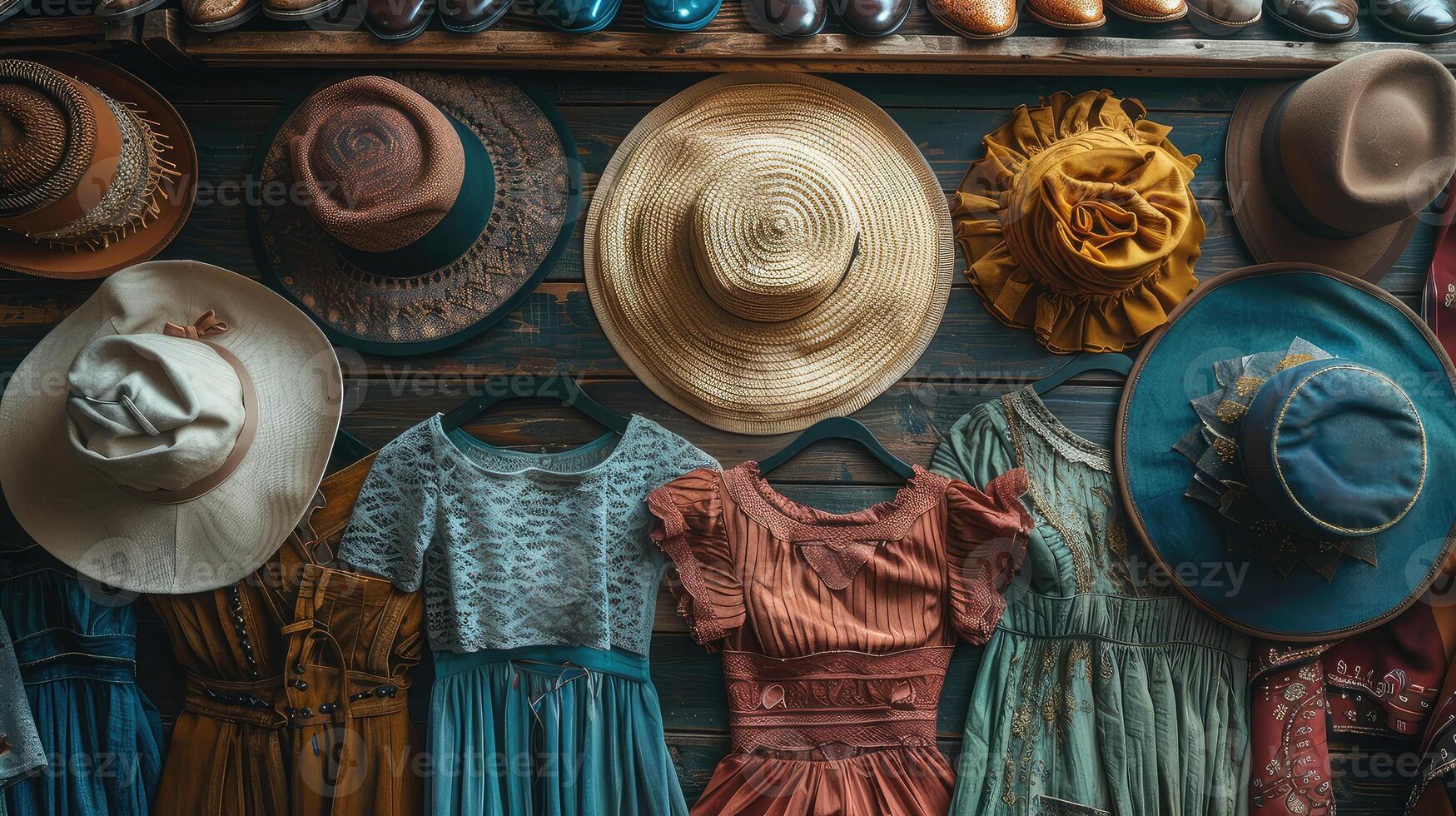 Style view layout, vintage fashion on wood display. photo
