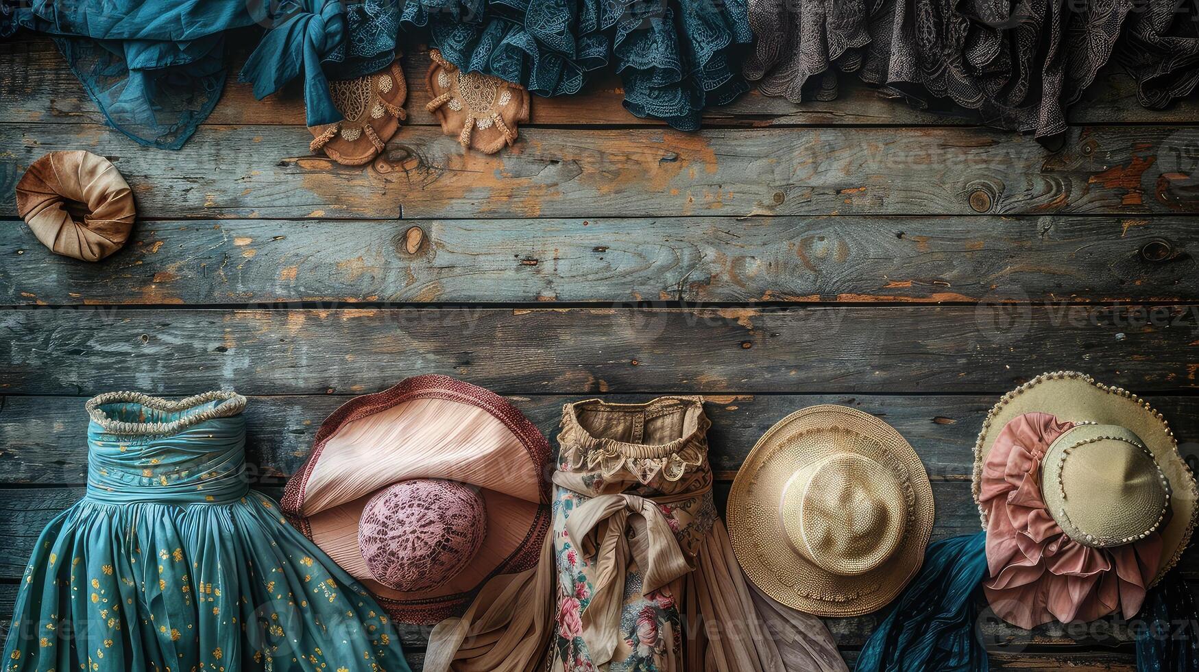 Retro fashion flatlay, elegant items on wood floor. photo