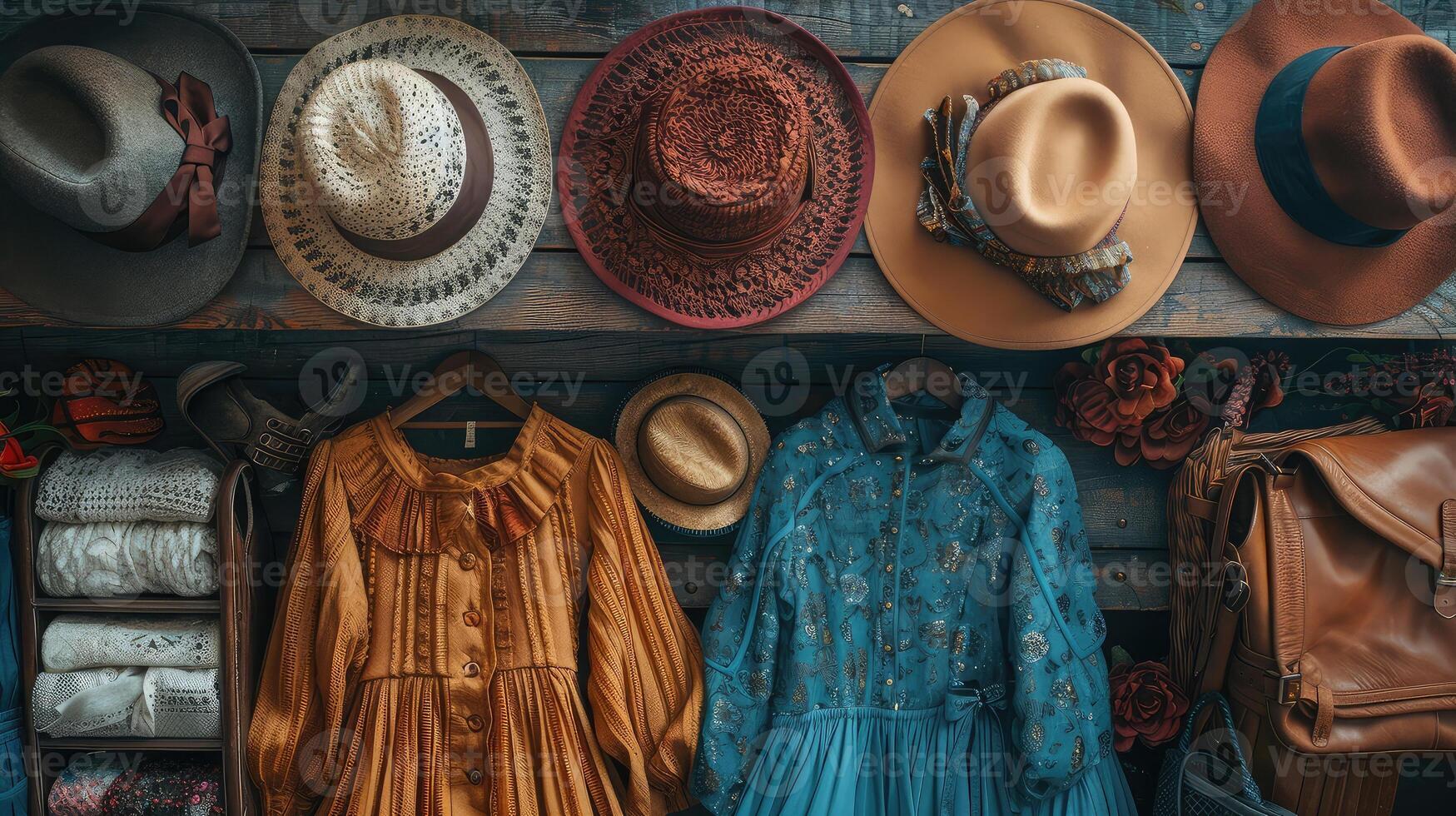 Elegance arrangement, vintage items on wood display. photo