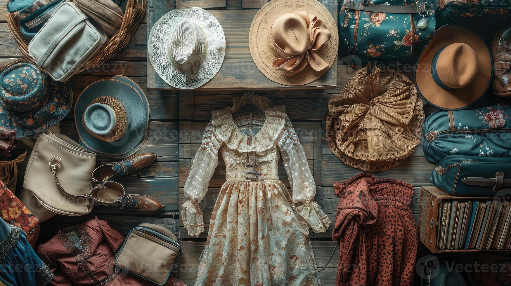 Dynamic layout scene, vintage elegance on wood floor. photo