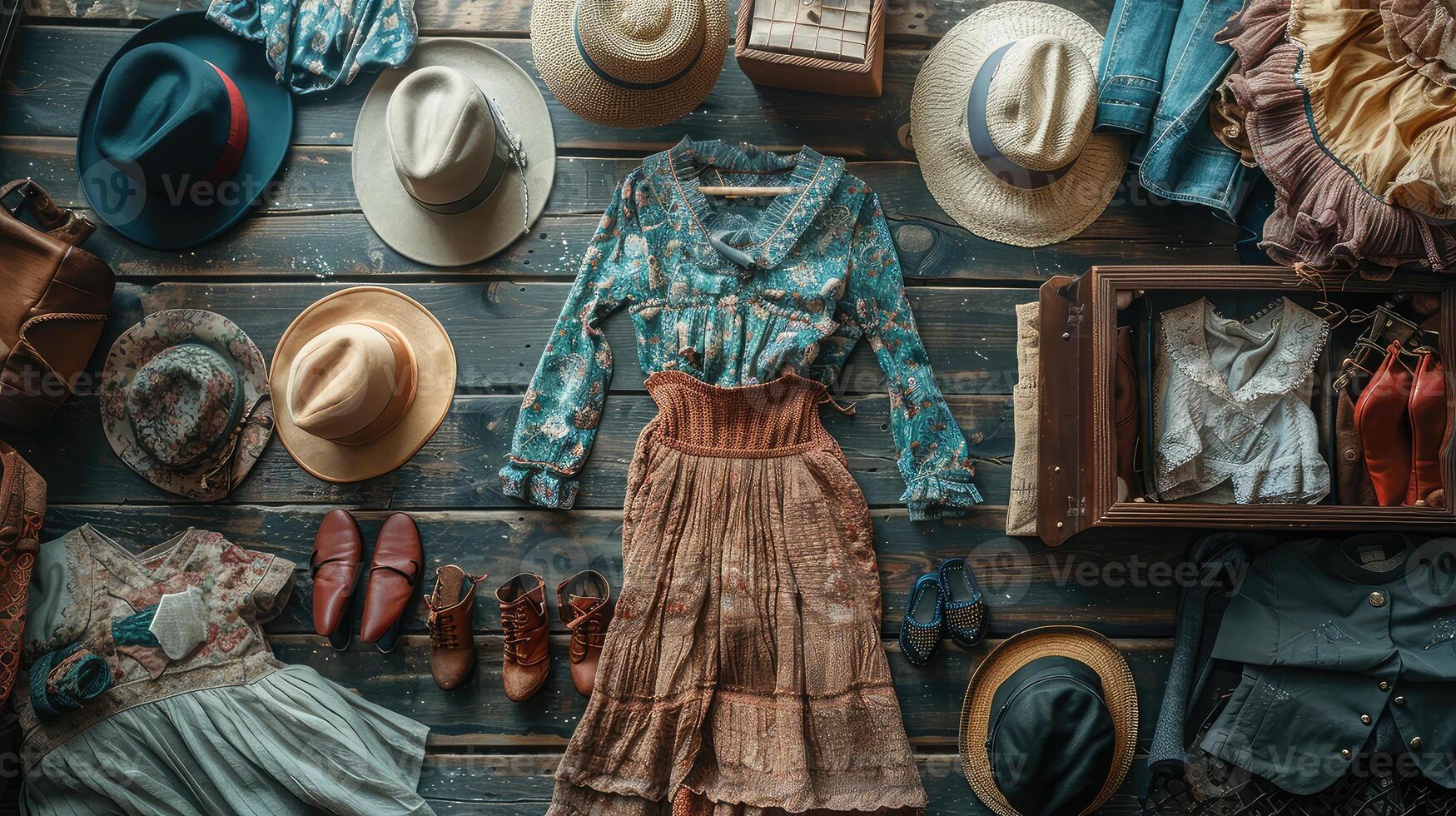 Retro item flatlay, stylish fashion on floor scene. photo