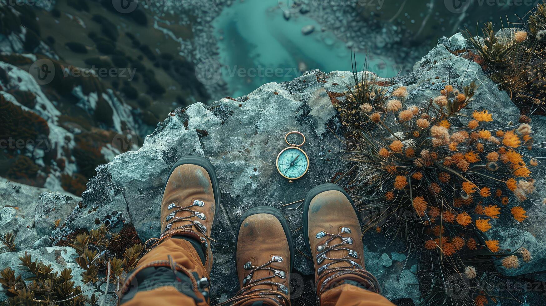 Dynamic travel scene, hiking items on natural space. photo