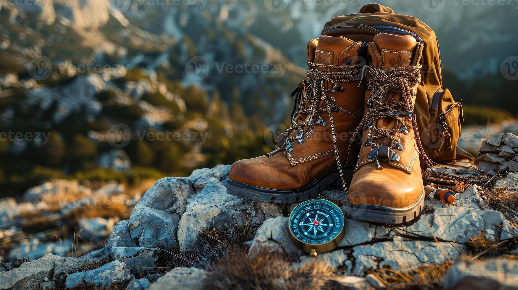 Dynamic hike display, travel essentials on wild land. photo
